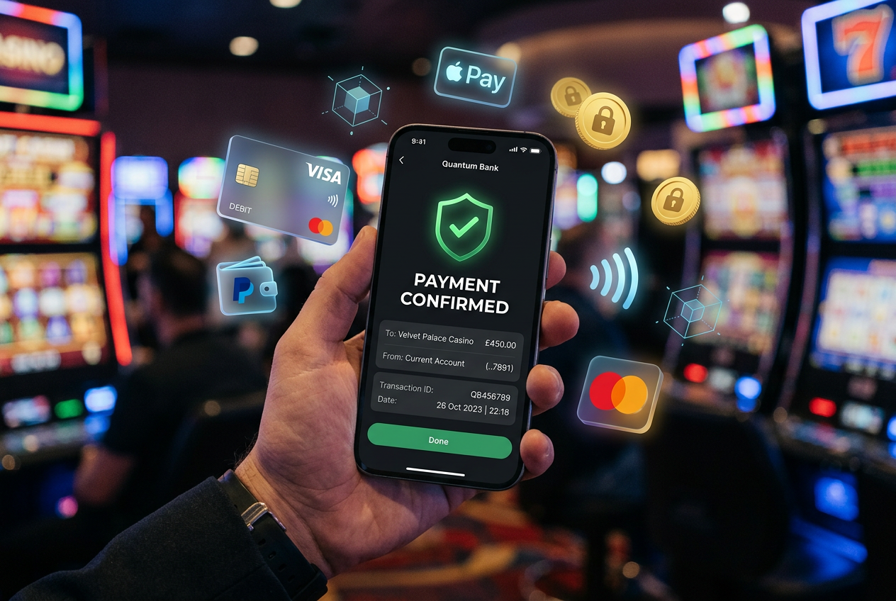 Smartfon z aplikacją płatniczą BLIK na tle kart płatniczych i monet