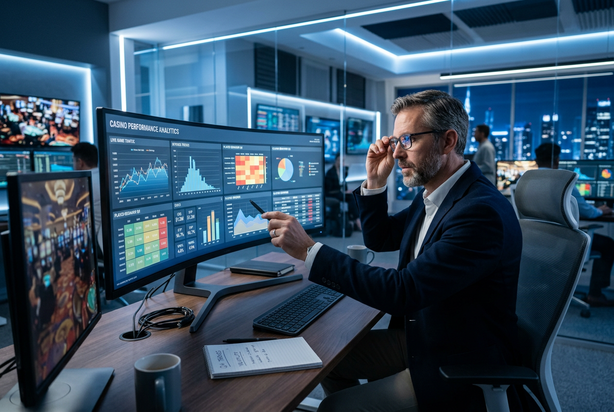 Ekspert analizujący statystyki gier kasynowych na nowoczesnych monitorach
