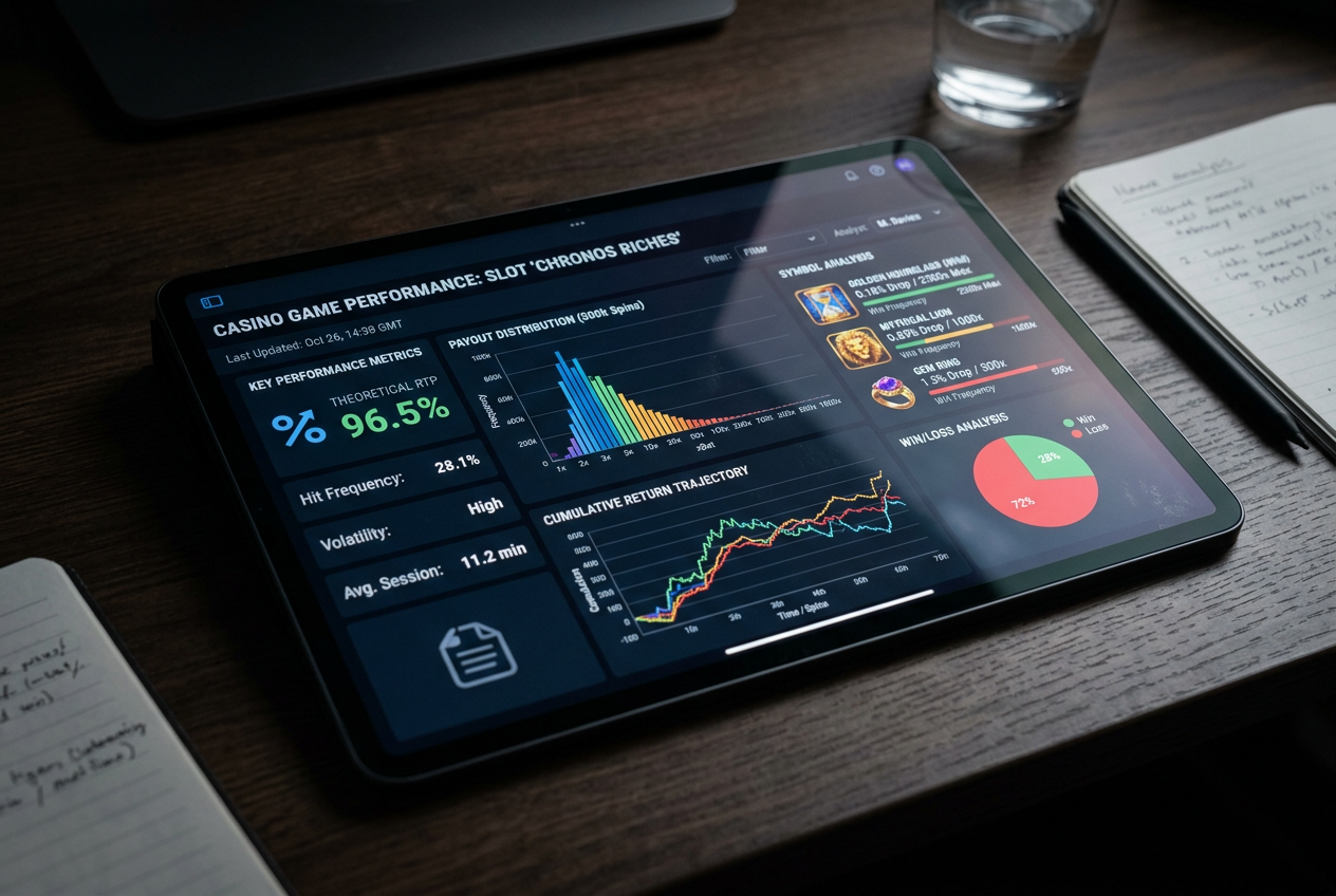 Zbliżenie na ekran tabletu wyświetlający wykresy analizy matematycznej gier kasynowych i symbol RTP