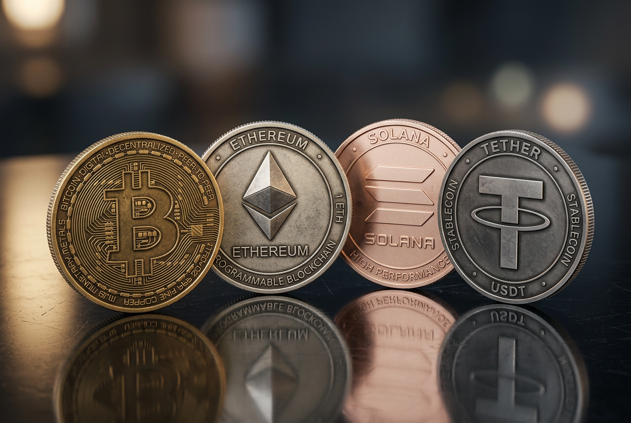 Symbole kryptowalut Bitcoin, Ethereum, Tether i Solana na nowoczesnym tle