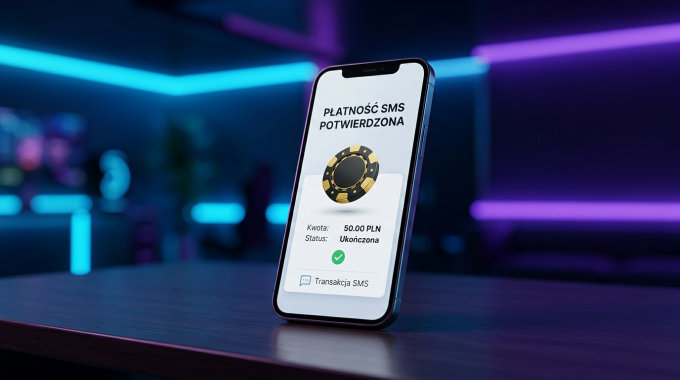 Smartfon z potwierdzeniem płatności SMS w kasynie online na nowoczesnym tle