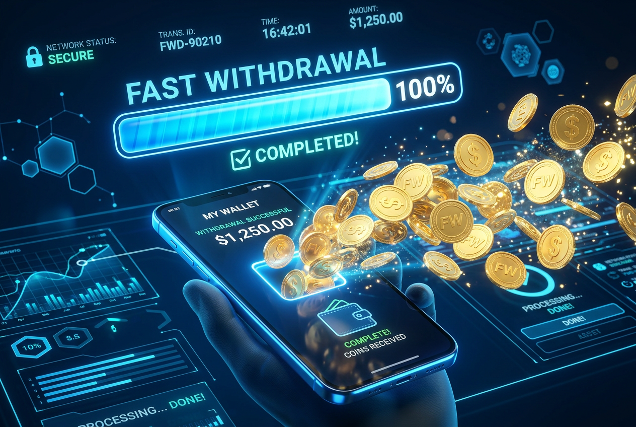 Modern smartphone displaying a fast withdrawal transaction notification with a digital success green checkmark
