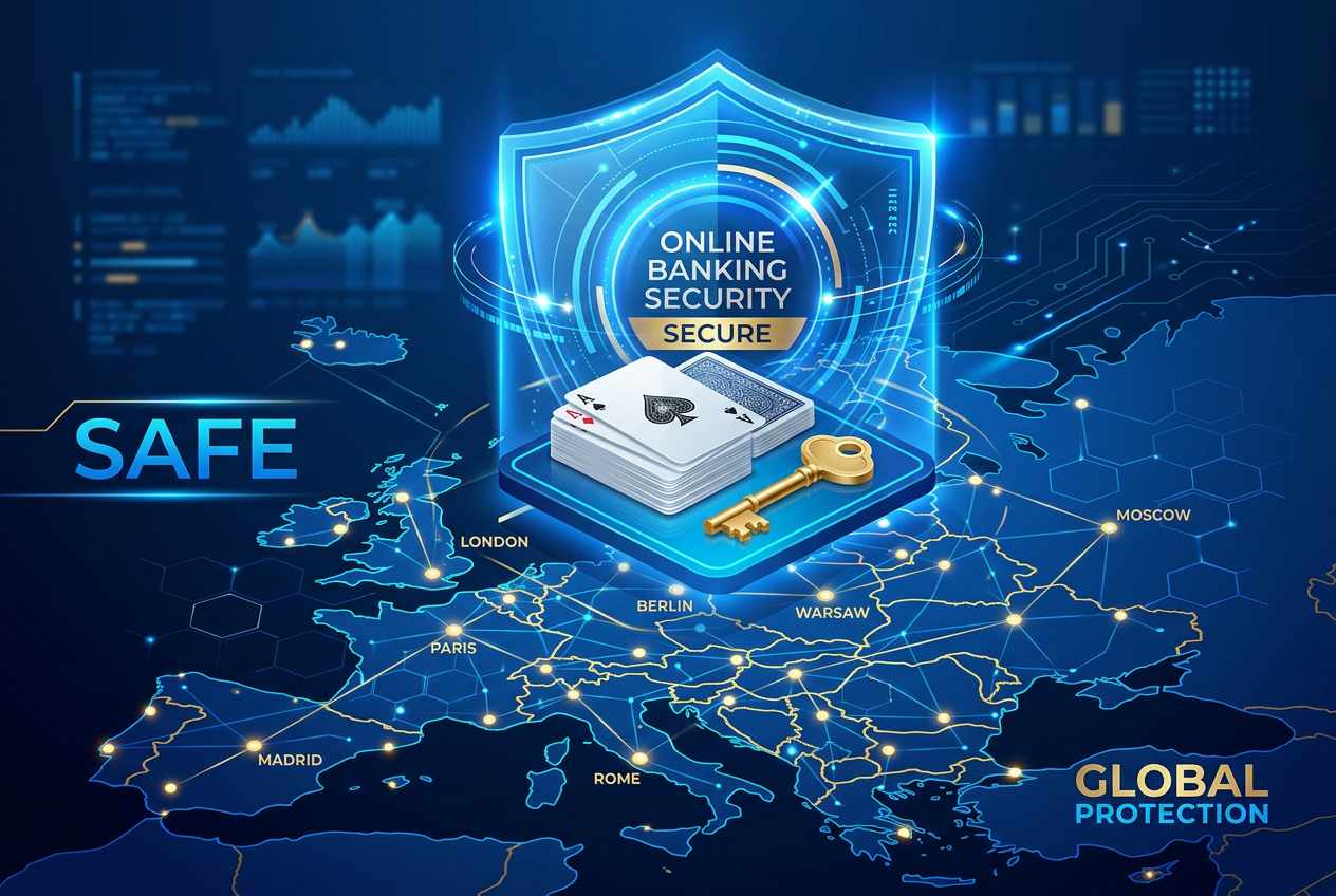 Digital shield and bank card representing financial security and legal protection in Europe
