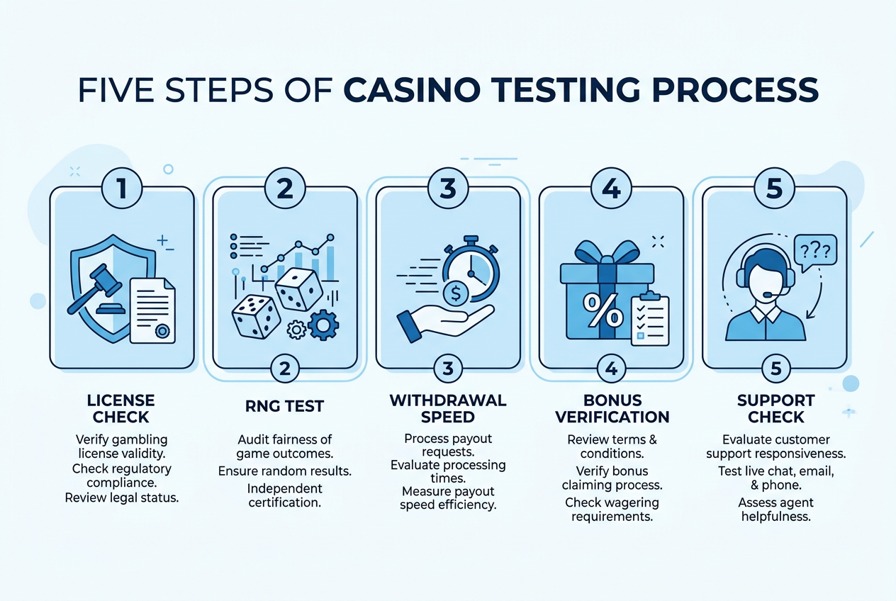 Infografika przedstawiająca proces testowania kasyn online