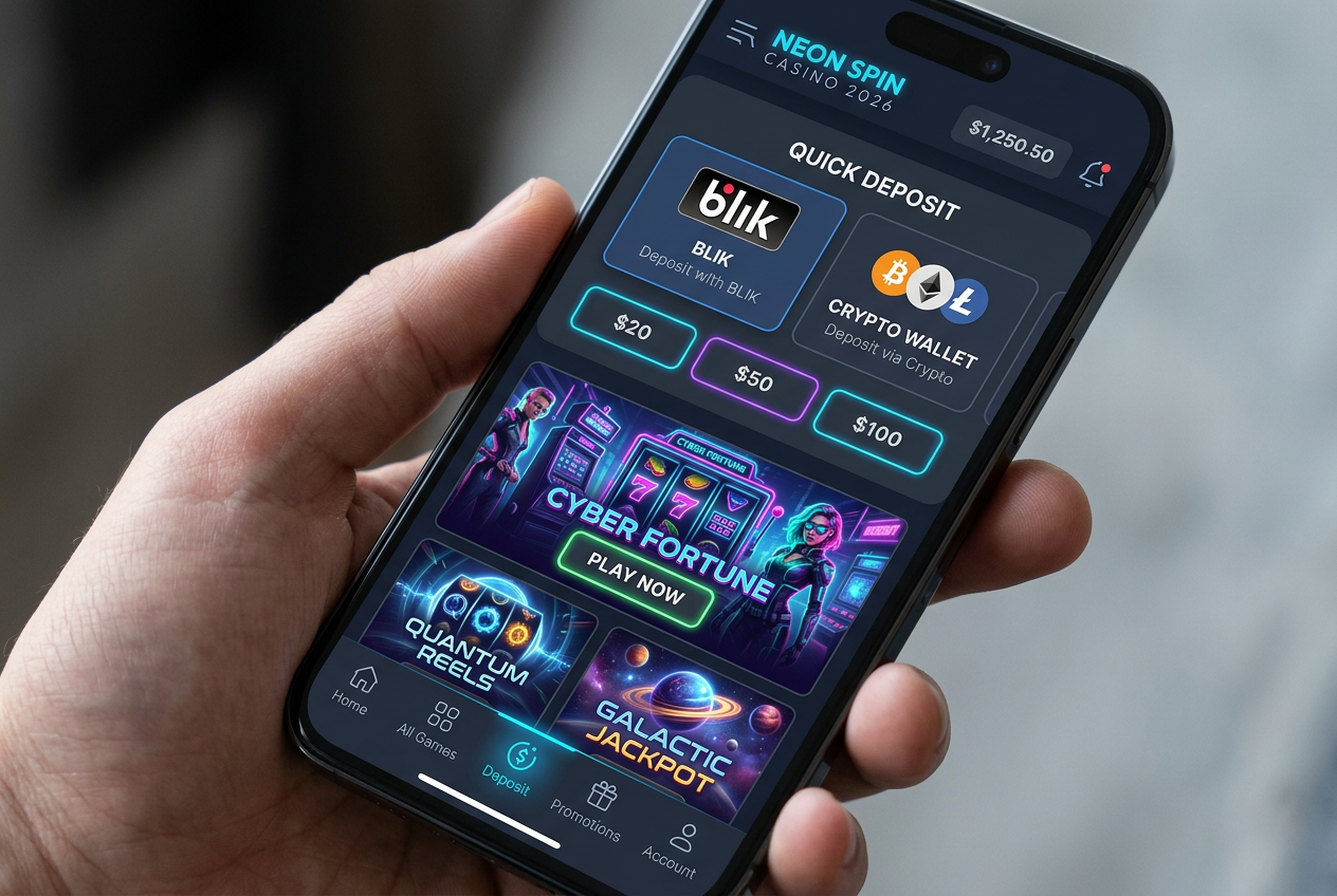 Nowoczesny interfejs mobilny kasyna online z płatnościami BLIK i krypto