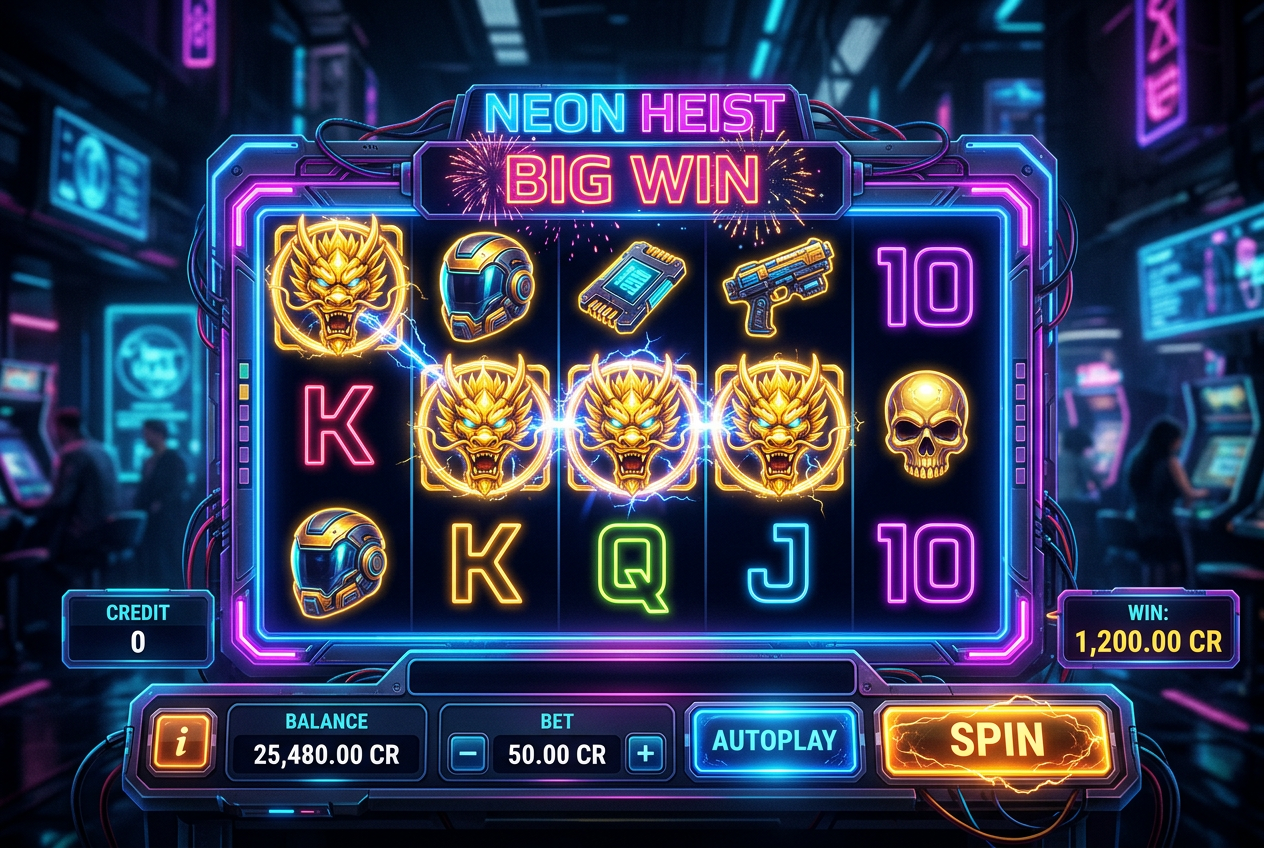 Nowoczesny interfejs slotu wideo w stylu cyberpunk z neonowymi symbolami i efektami świetlnymi