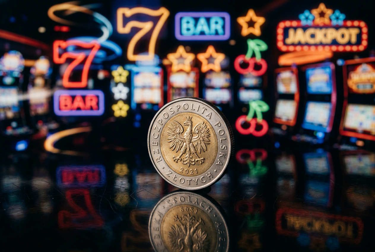 Polska moneta pięciozłotowa obok urządzenia mobilnego z grą slotową