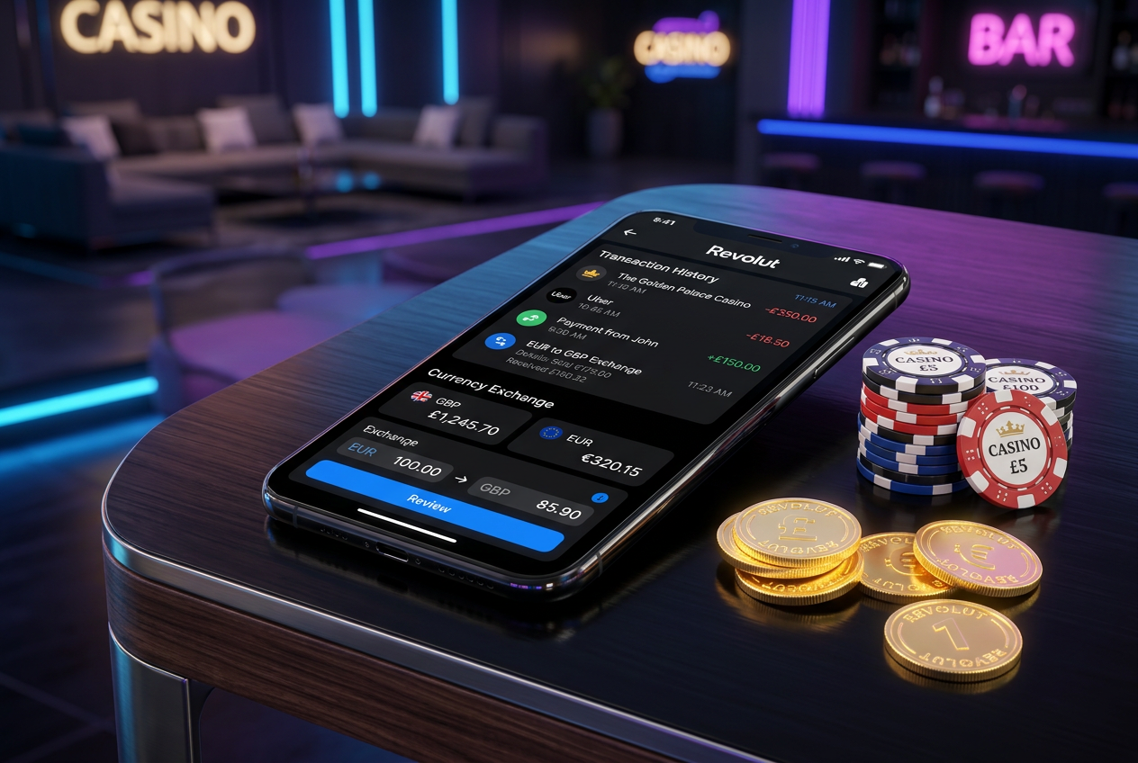 Smartphone displaying the Revolut app interface next to casino chips on a sleek table