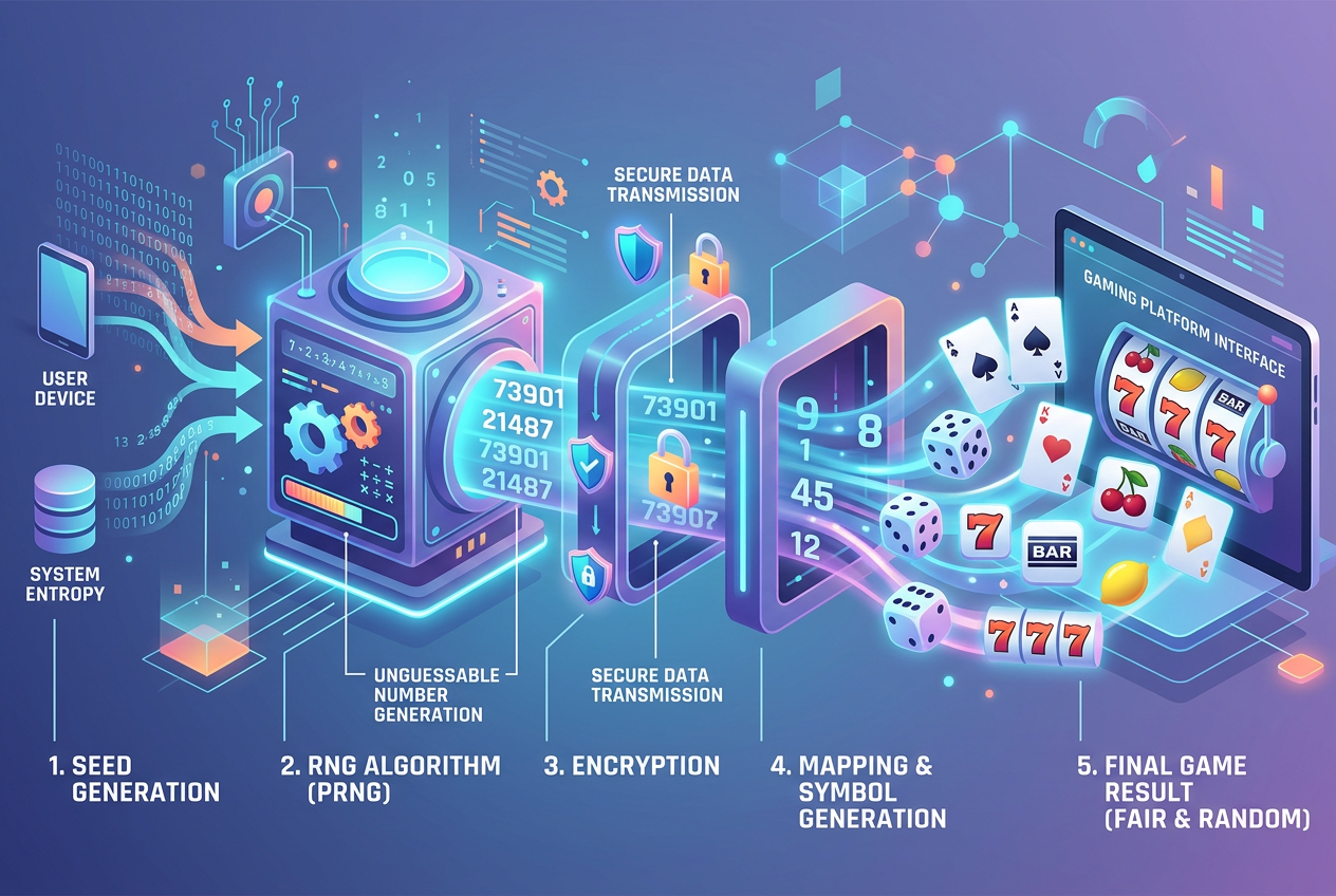 Infografika przedstawiająca działanie Generatora Liczb Losowych RNG w kasynach online