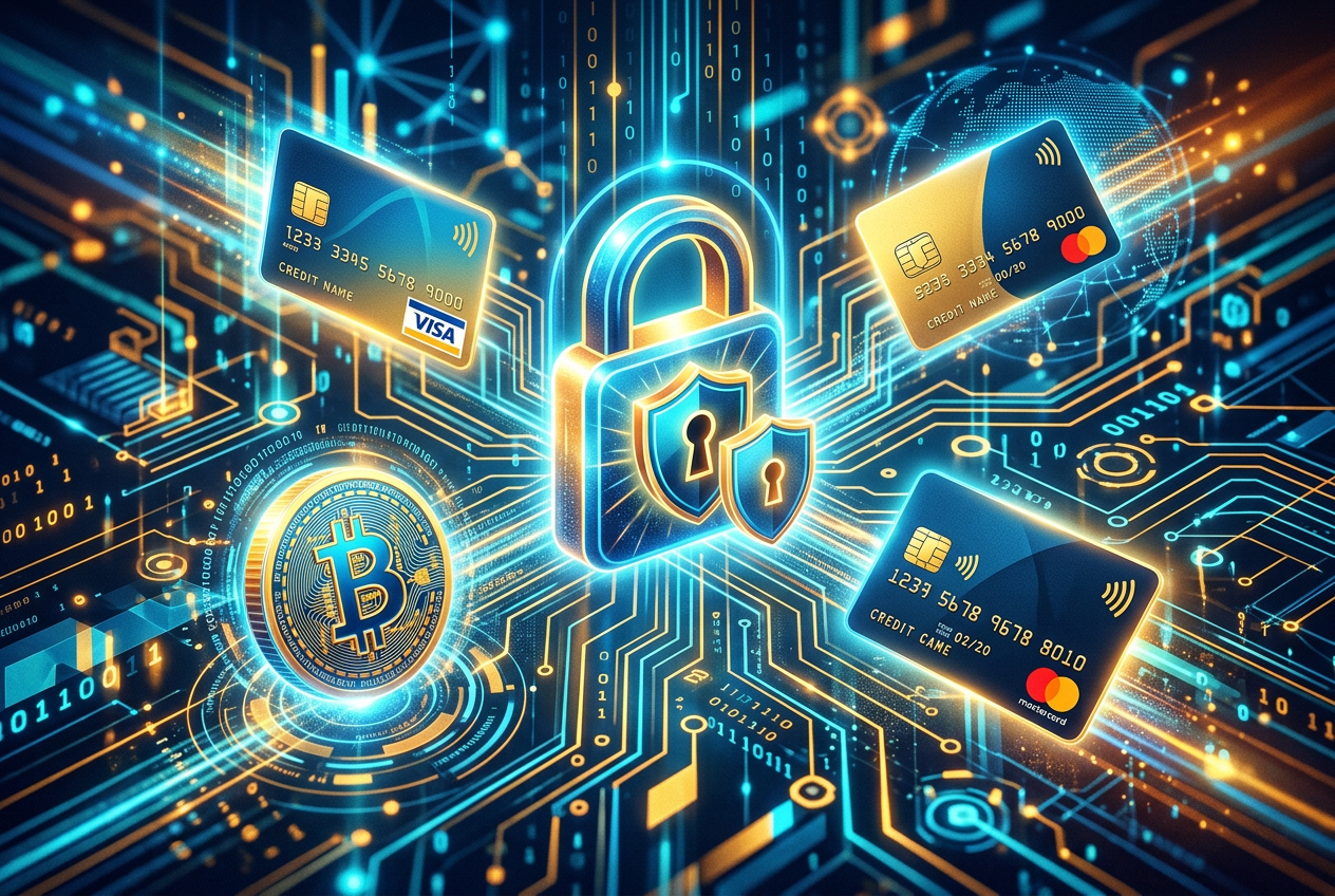 Abstrakcyjna ilustracja bezpiecznych płatności cyfrowych z ikonami kryptowalut i kłódką na nowoczesnym tle