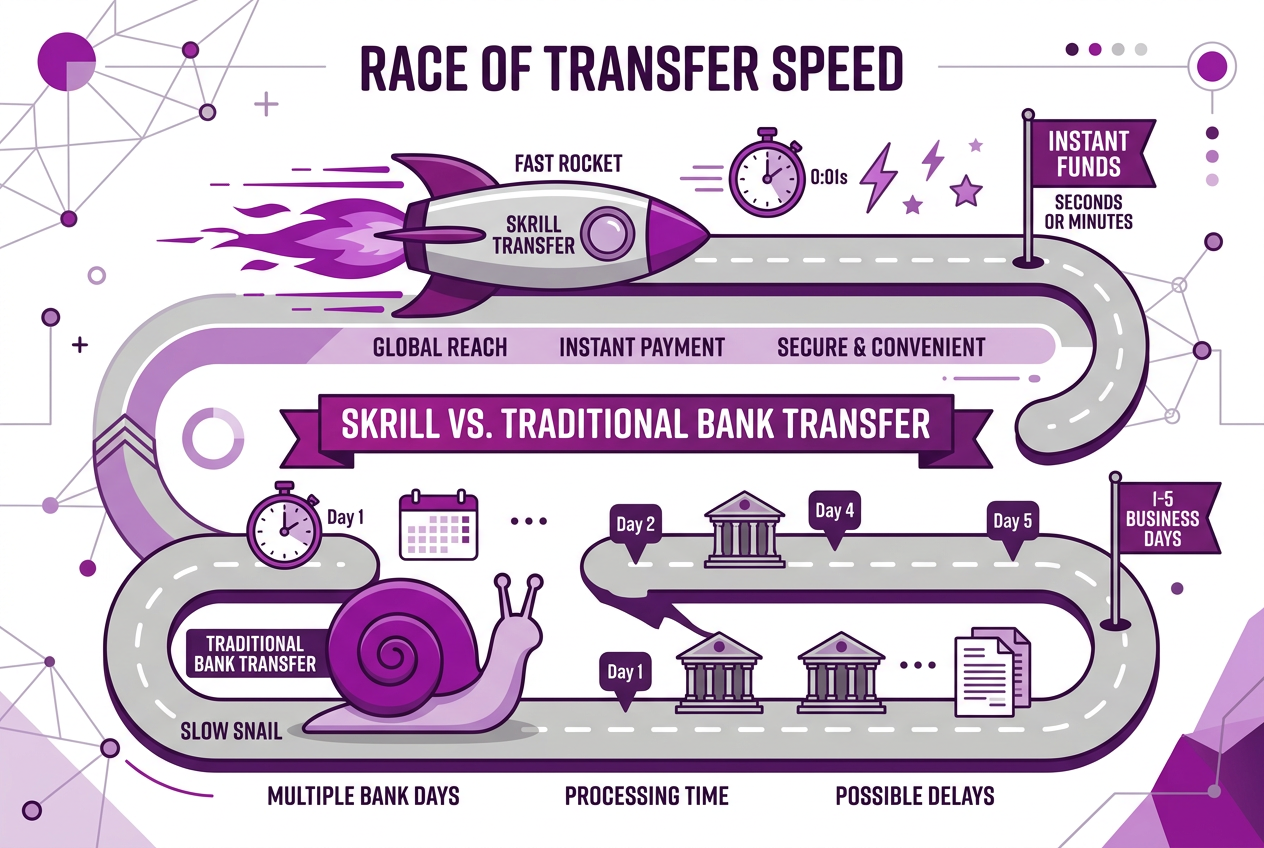 Infografika porównująca czas wypłaty Skrill z przelewem tradycyjnym